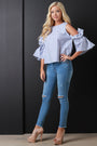 Striped Cold Shoulder Ruffle Statement Sleeve Top