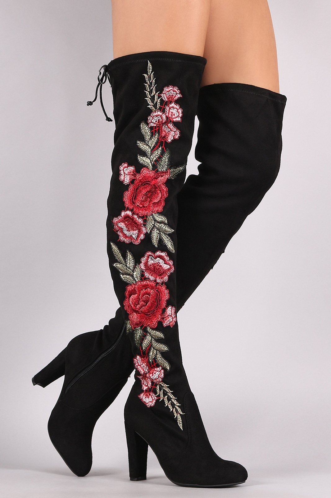 Wild Diva Lounge Embroidered Floral Chunky Heeled Suede Boots