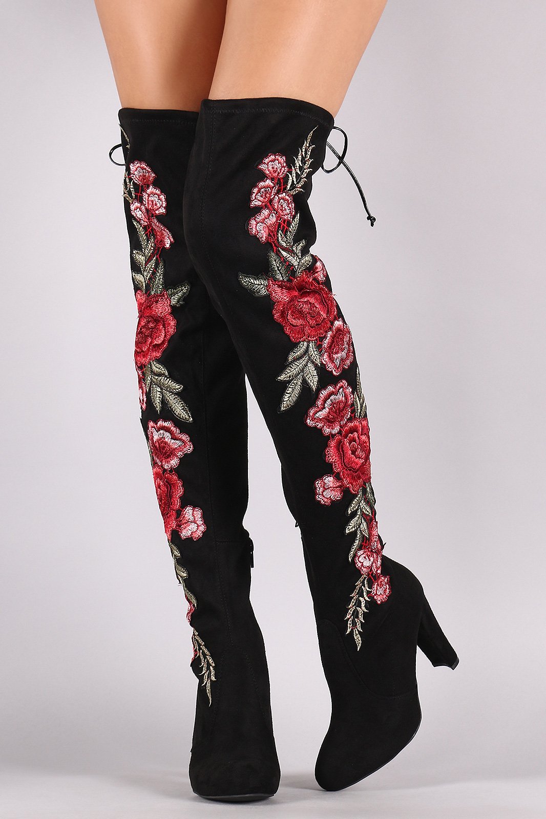 Wild Diva Lounge Embroidered Floral Chunky Heeled Suede Boots