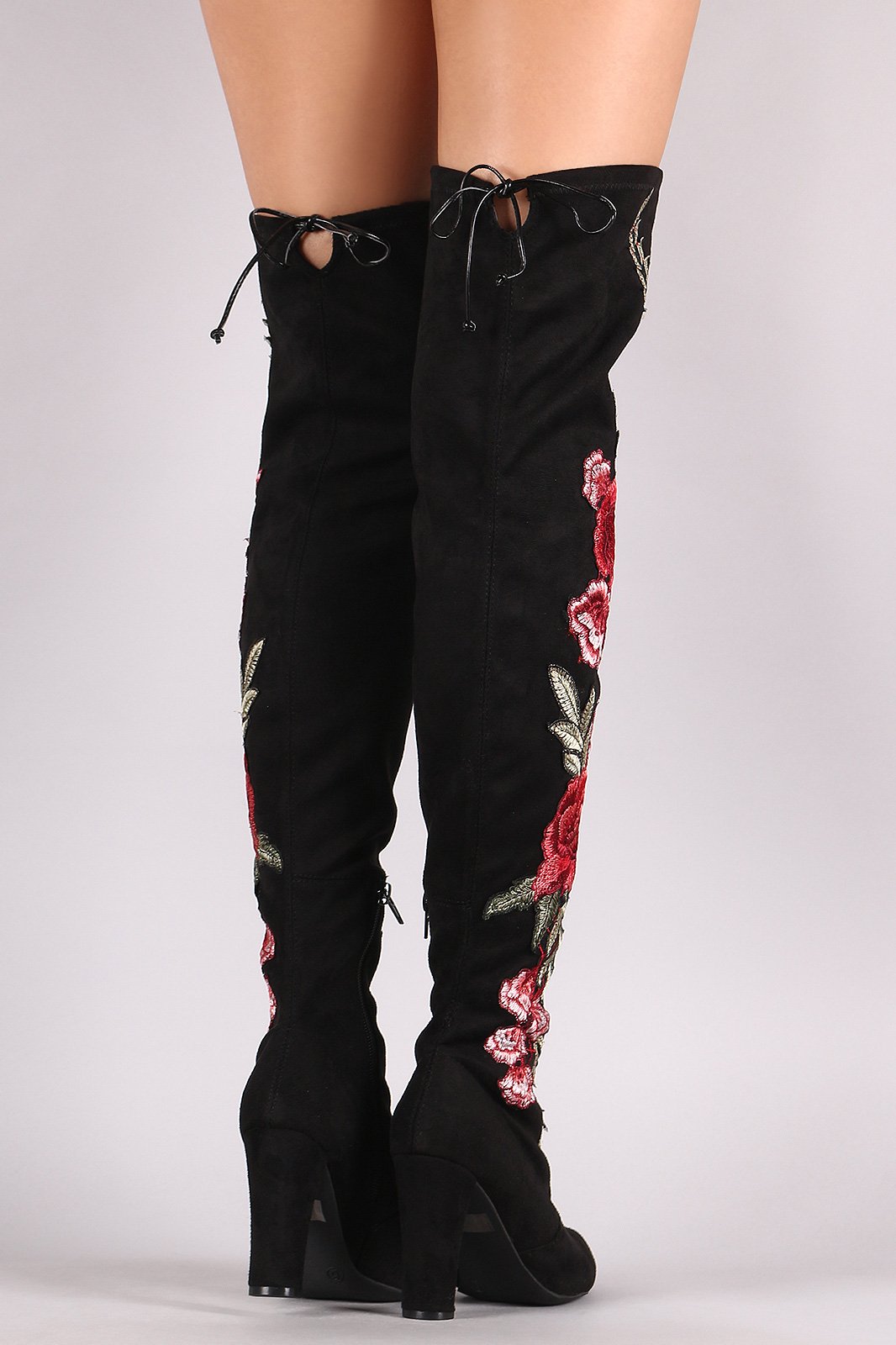 Wild Diva Lounge Embroidered Floral Chunky Heeled Suede Boots