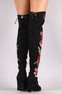 Wild Diva Lounge Embroidered Floral Chunky Heeled Suede Boots
