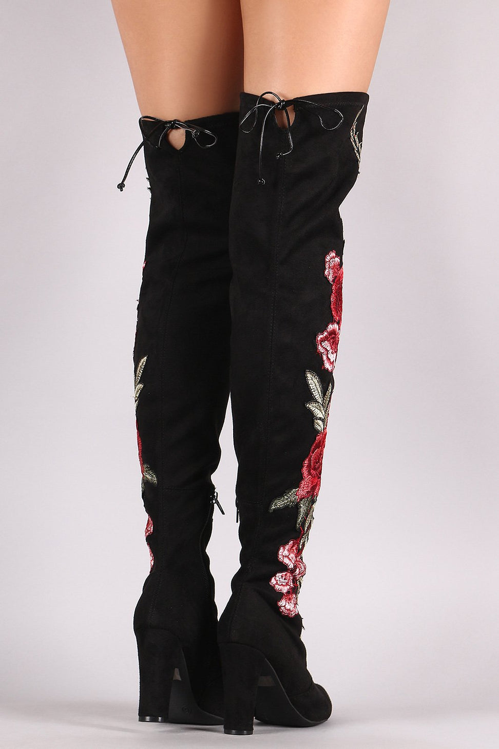 Wild Diva Lounge Embroidered Floral Chunky Heeled Suede Boots