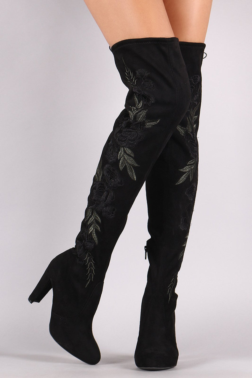 Wild Diva Lounge Embroidered Floral Chunky Heeled Suede OTK Boots