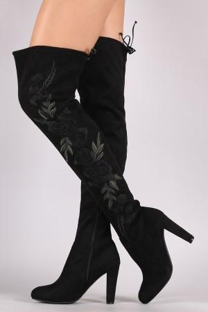 Wild Diva Lounge Embroidered Floral Chunky Heeled Suede OTK Boots