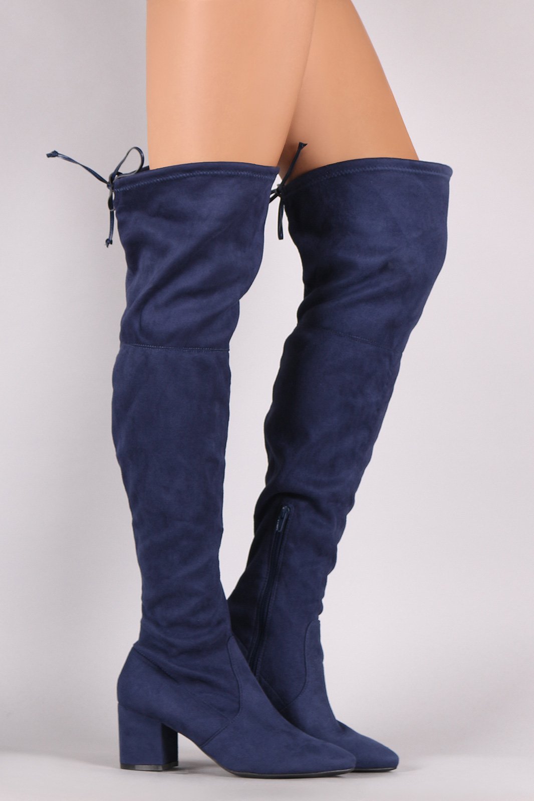 Wild Diva Lounge Suede Pointy Toe Block Heeled OTK Boots