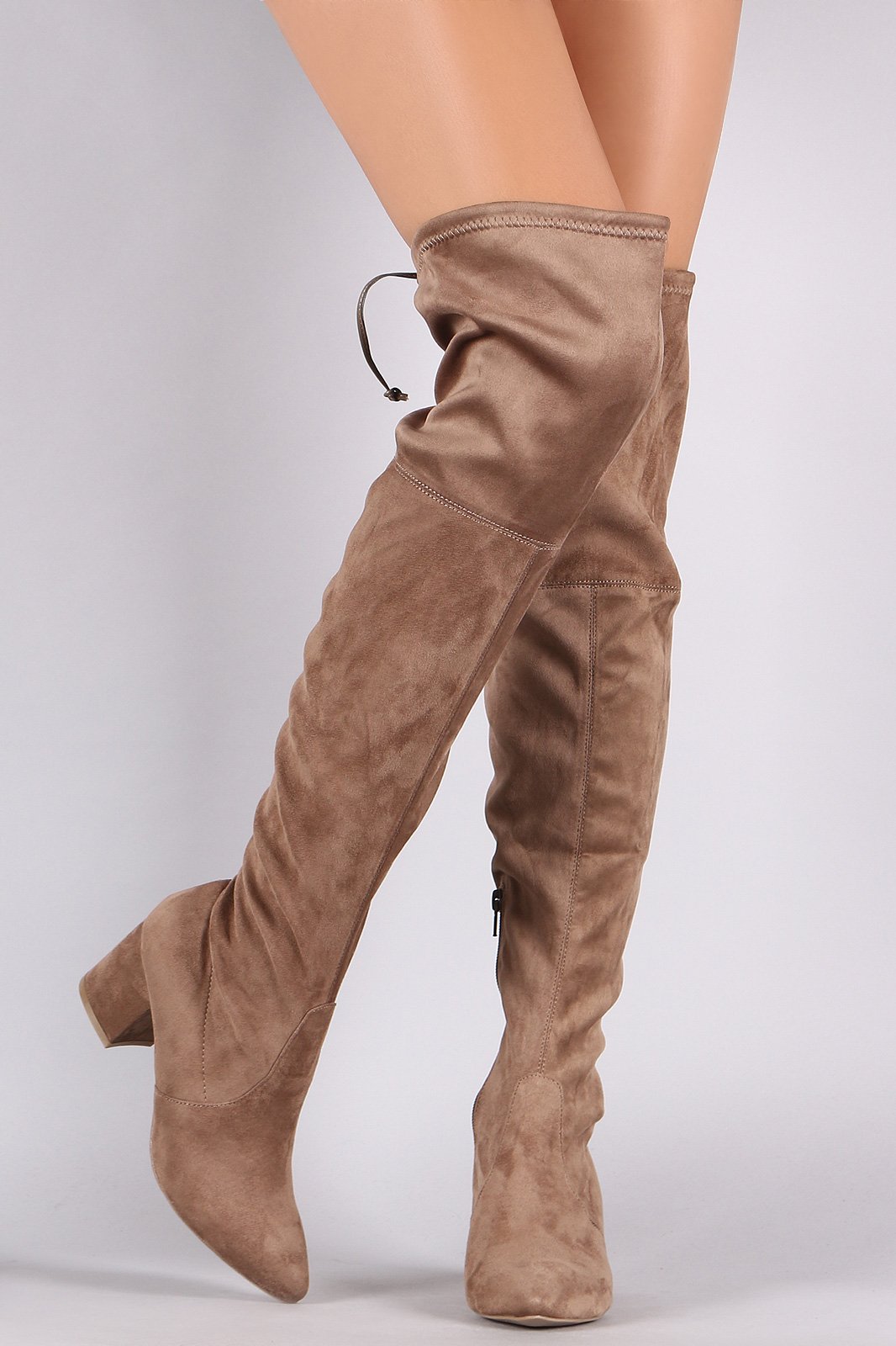 Wild Diva Lounge Suede Pointy Toe Block Heeled OTK Boots