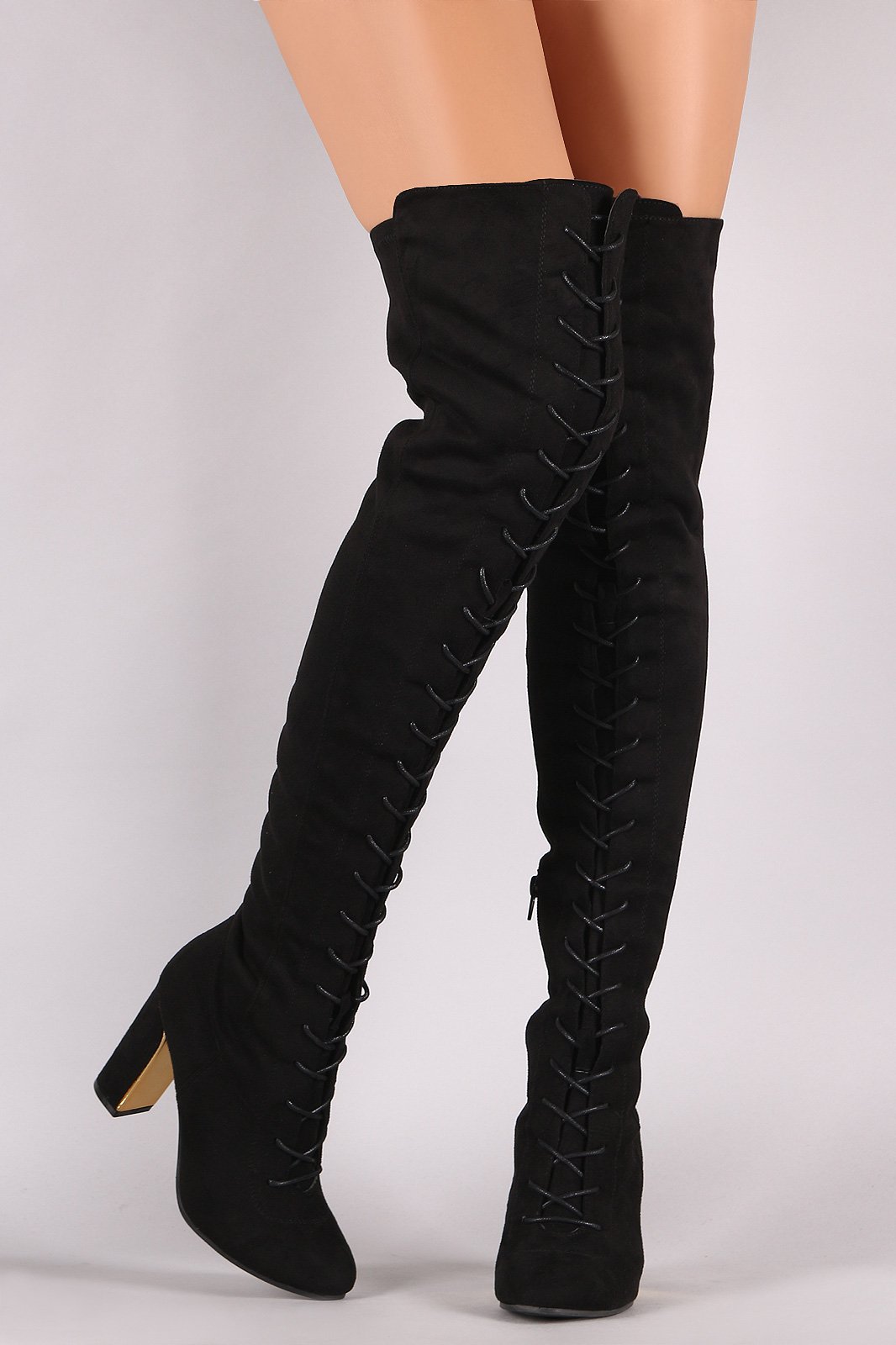 Wild Diva Lounge Suede Round Toe Lace Up Chunky Heeled OTK Boots