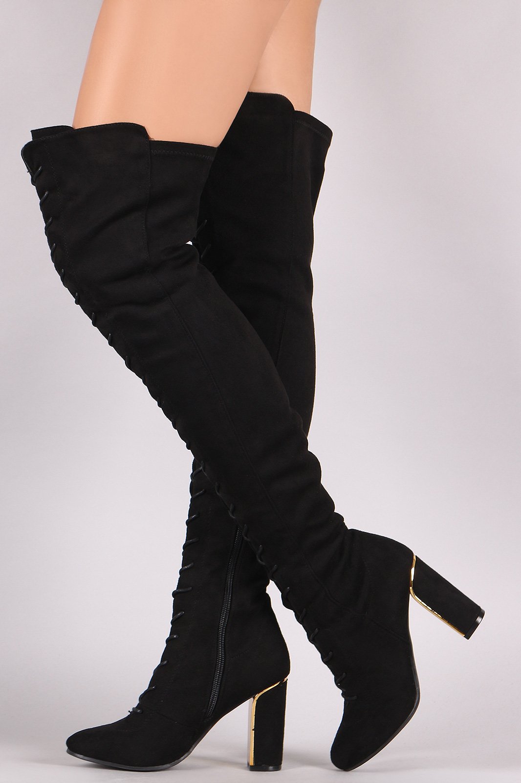 Wild Diva Lounge Suede Round Toe Lace Up Chunky Heeled OTK Boots