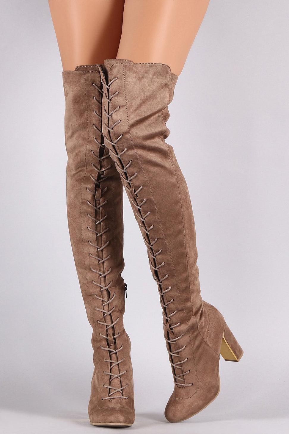 Wild Diva Lounge Suede Round Toe Lace Up Chunky Heeled OTK Boots