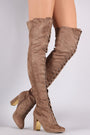 Wild Diva Lounge Suede Round Toe Lace Up Chunky Heeled OTK Boots