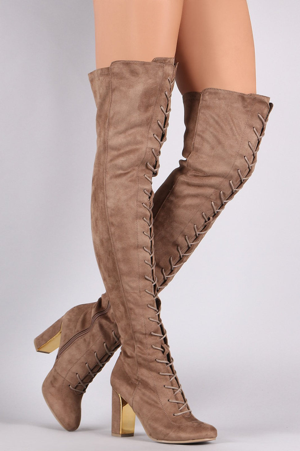 Wild Diva Lounge Suede Round Toe Lace Up Chunky Heeled OTK Boots