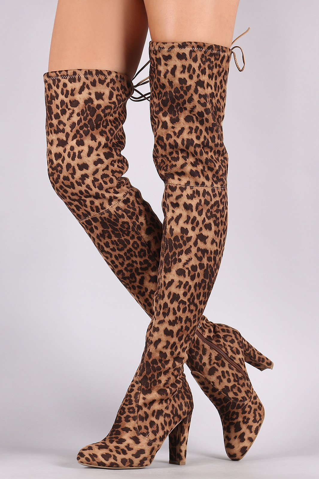 Wild Diva Lounge Leopard Drawstring Tie Heeled Over-The-Knee Boots