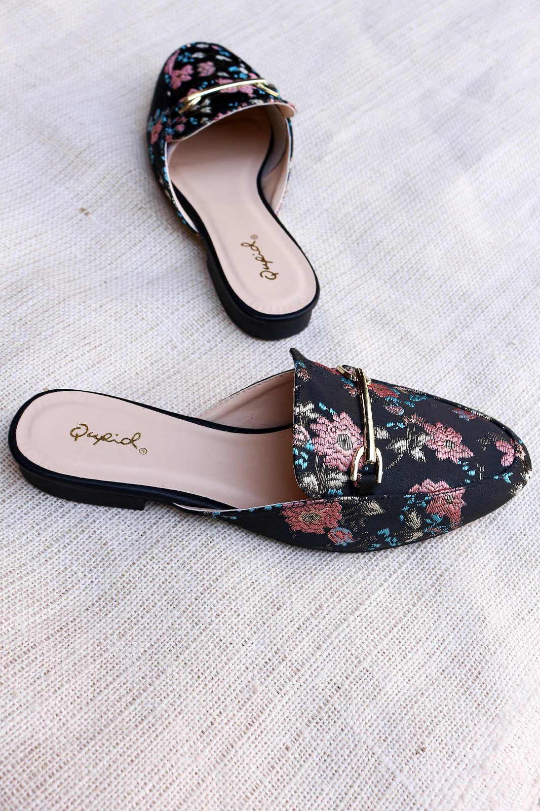 Qupid Floral Embroidery Horsebit Slip On Mule Flat
