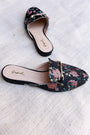 Qupid Floral Embroidery Horsebit Slip On Mule Flat