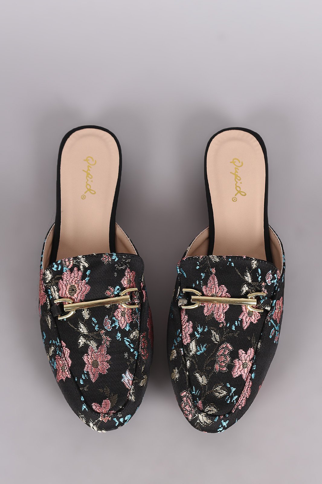 Qupid Floral Embroidery Horsebit Slip On Mule Flat