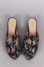 Qupid Floral Embroidery Horsebit Slip On Mule Flat