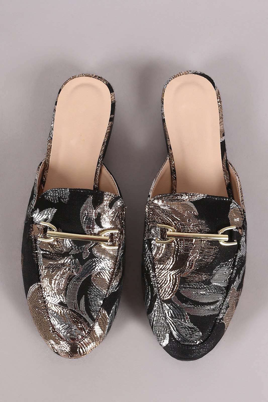 Qupid Floral Embroidery Horsebit Slip On Mule Flat