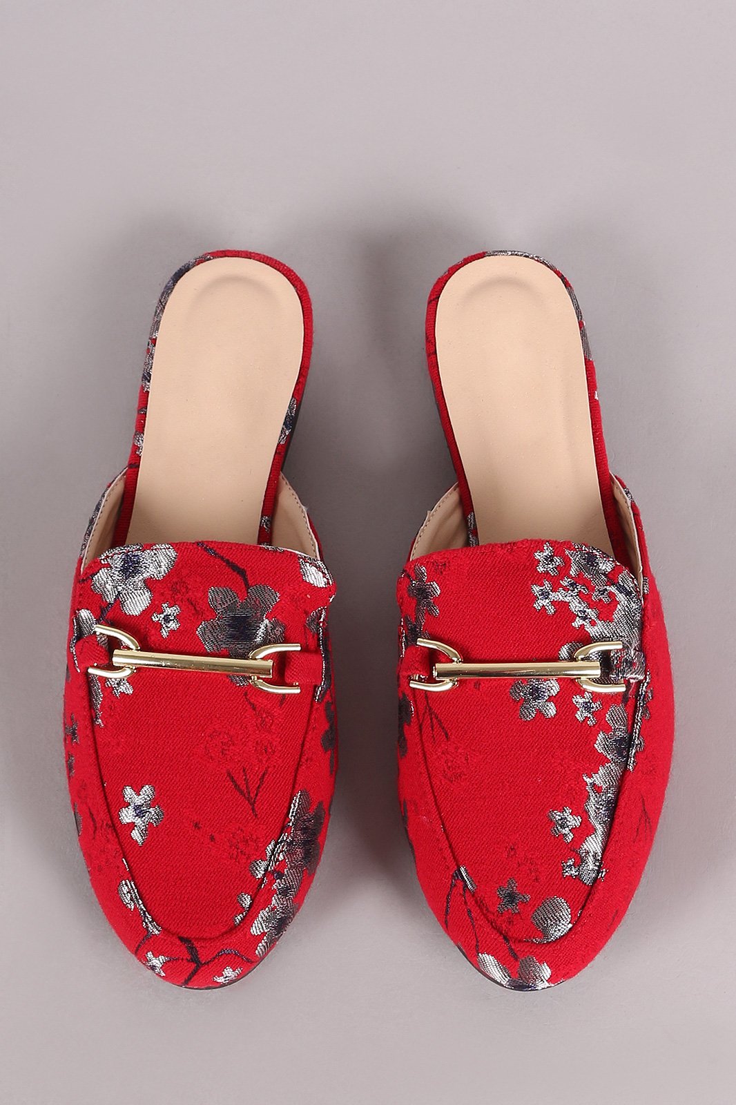 Qupid Floral Embroidery Horsebit Slip On Mule Flat