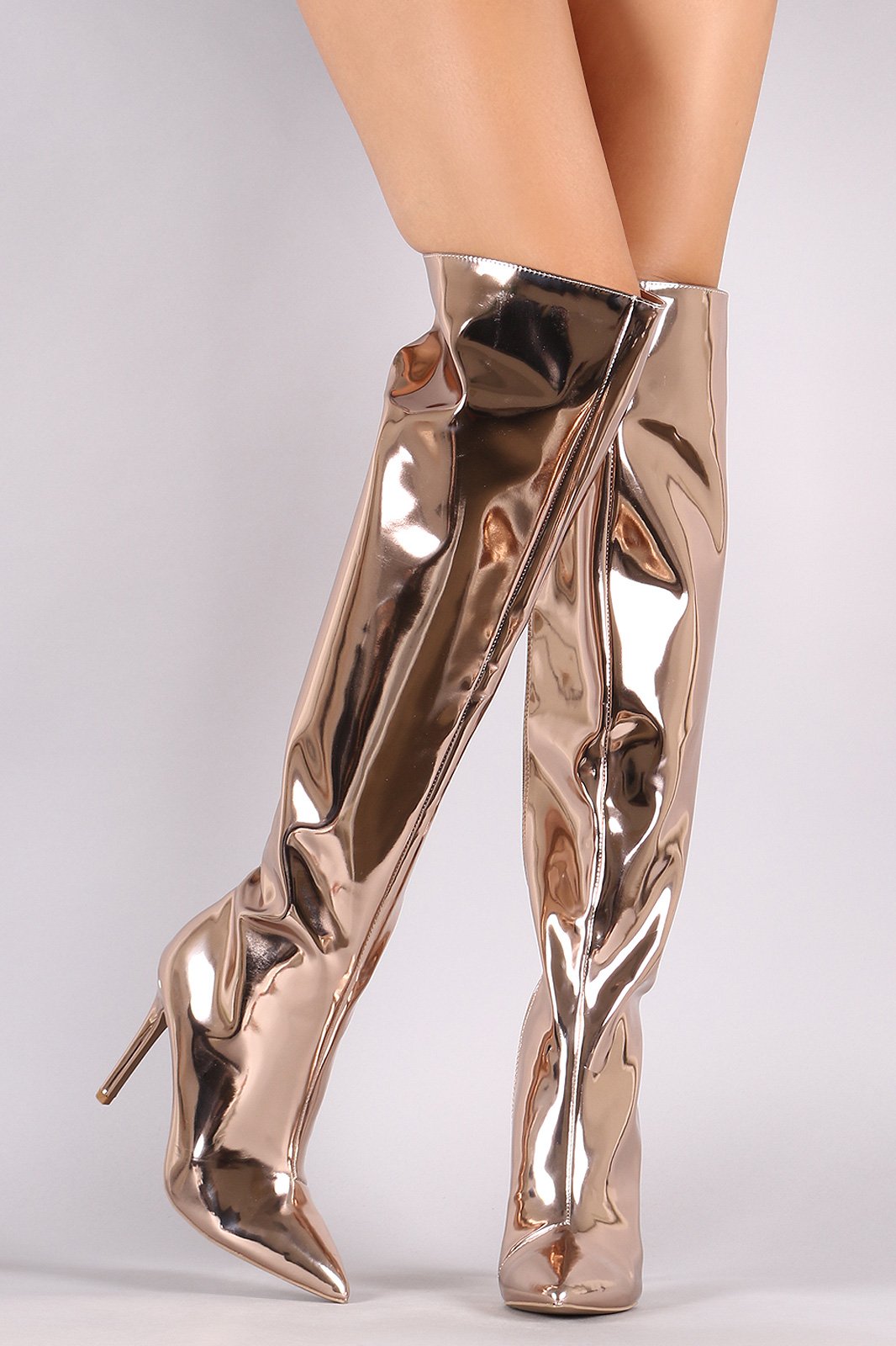 Qupid Mirror Metallic Pointy Toe Stiletto Over-The-Knee Boots