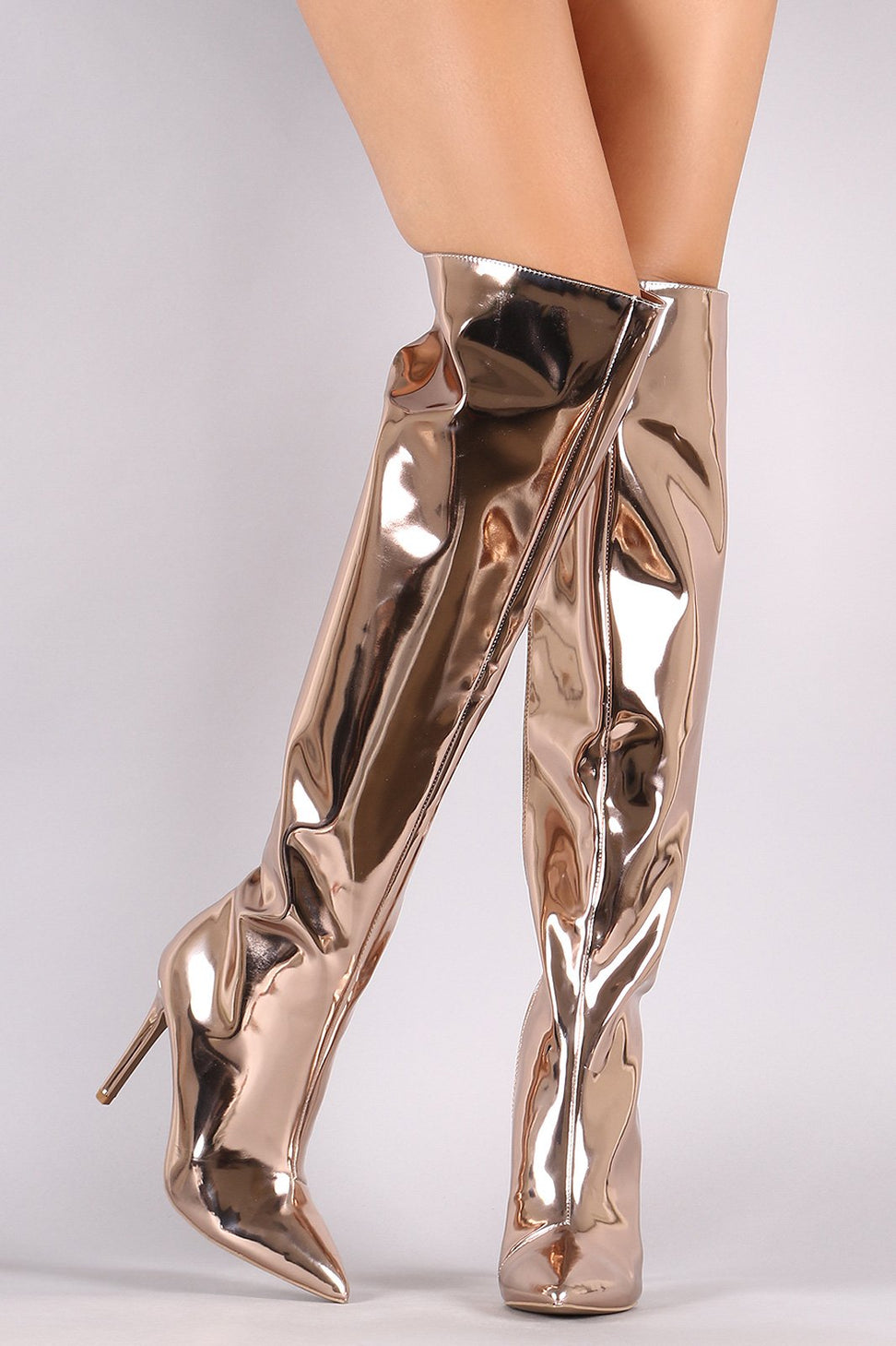Qupid Mirror Metallic Pointy Toe Stiletto Over-The-Knee Boots