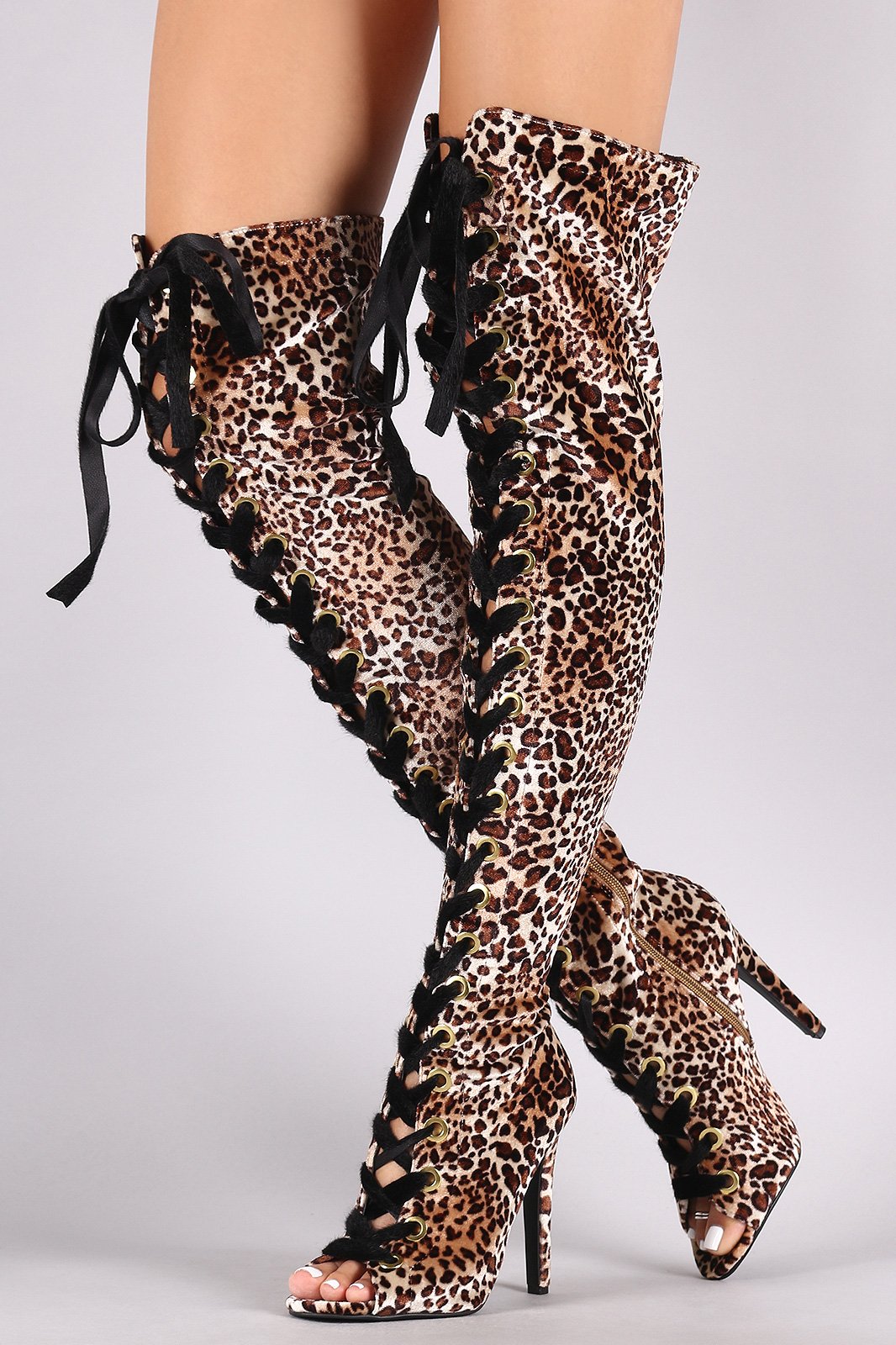 Qupid Leopard Velvet Lace Up Stiletto Over-The-Knee Boots