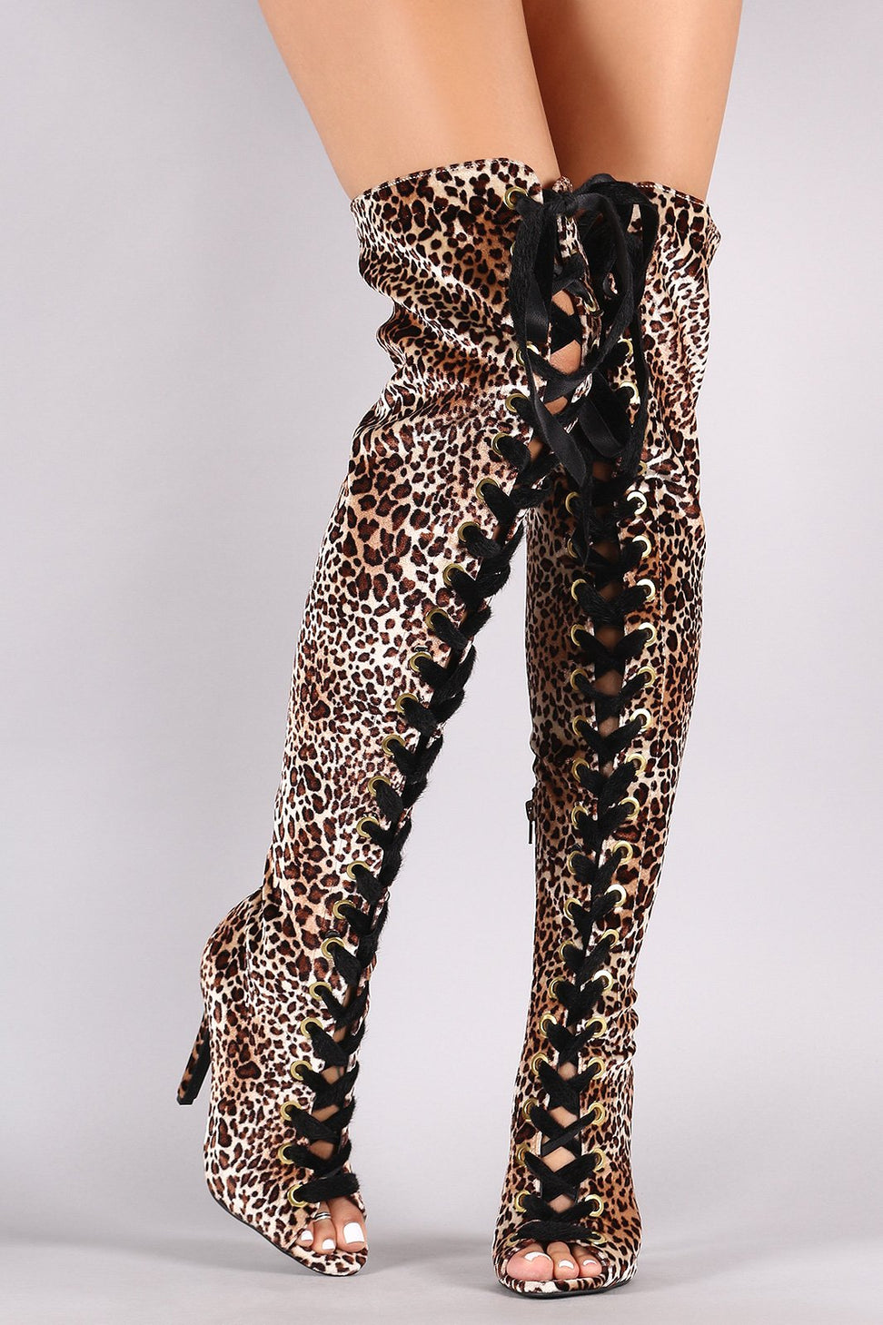 Qupid Leopard Velvet Lace Up Stiletto Over-The-Knee Boots