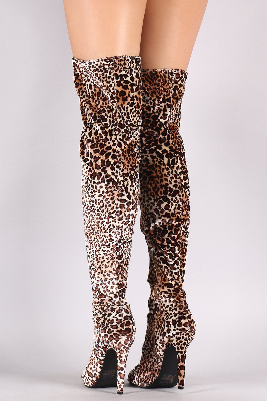 Qupid Leopard Velvet Lace Up Stiletto Over-The-Knee Boots