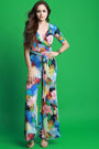 Tropical Print Surplice Short Sleeves Jumpsuit
