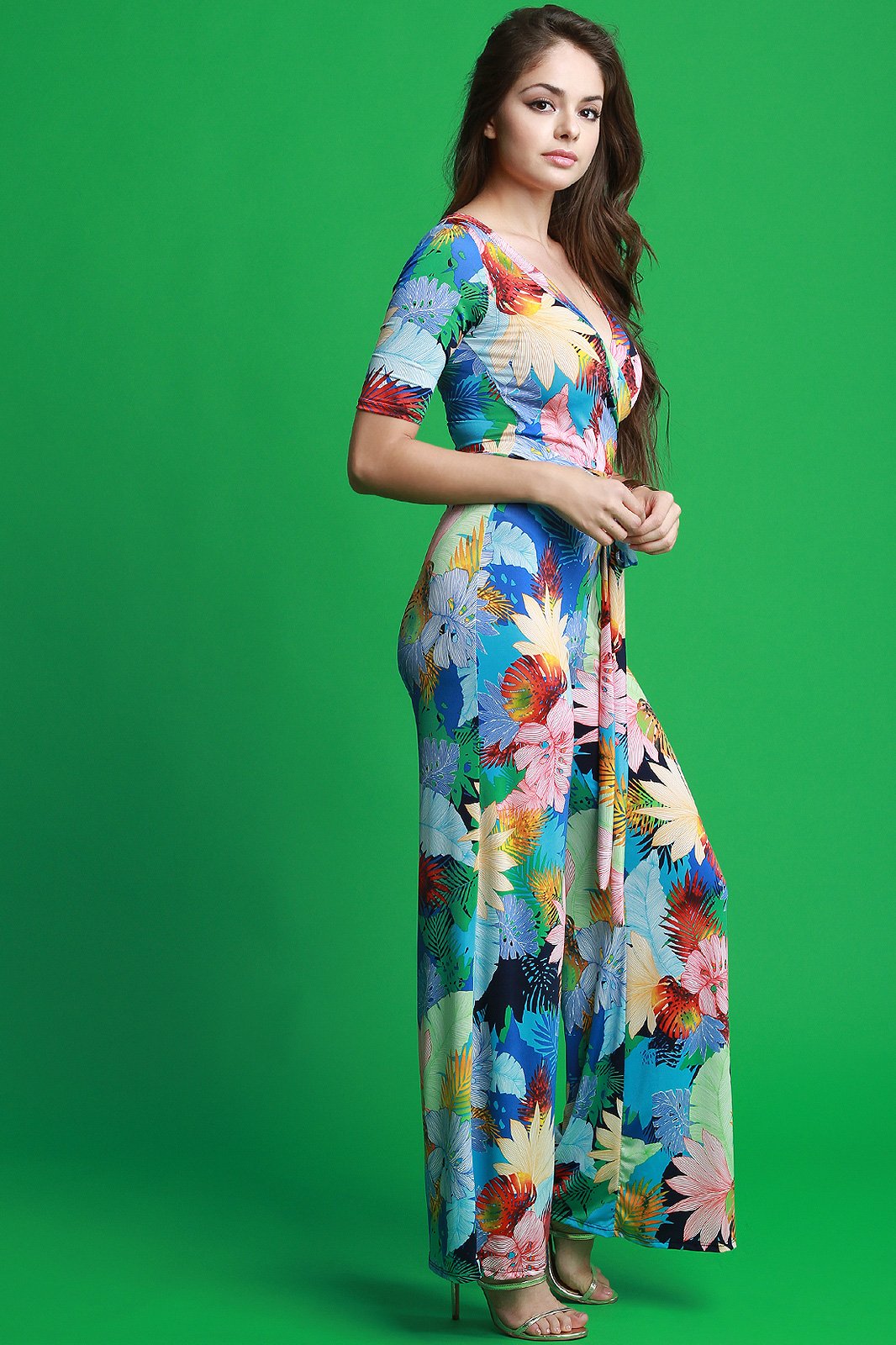 Tropical Print Surplice Short Sleeves Jumpsuit