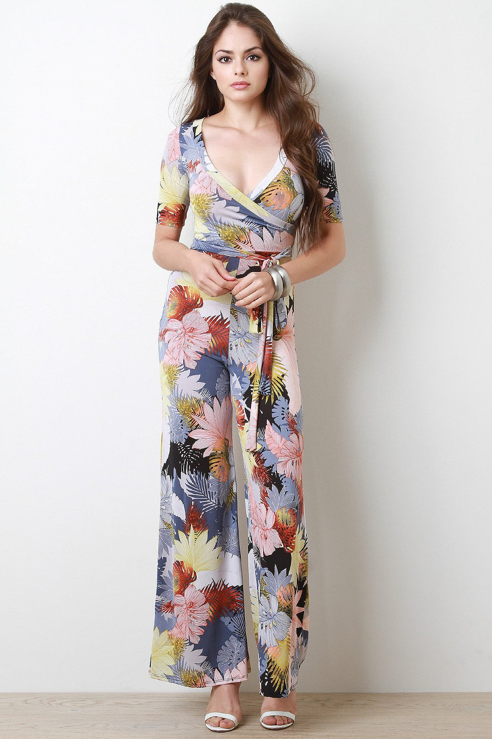 Tropical Print Surplice Short Sleeves Jumpsuit