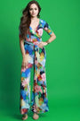Tropical Print Surplice Short Sleeves Jumpsuit
