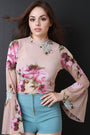 Floral Mesh Long Bell Statement Sleeve Top