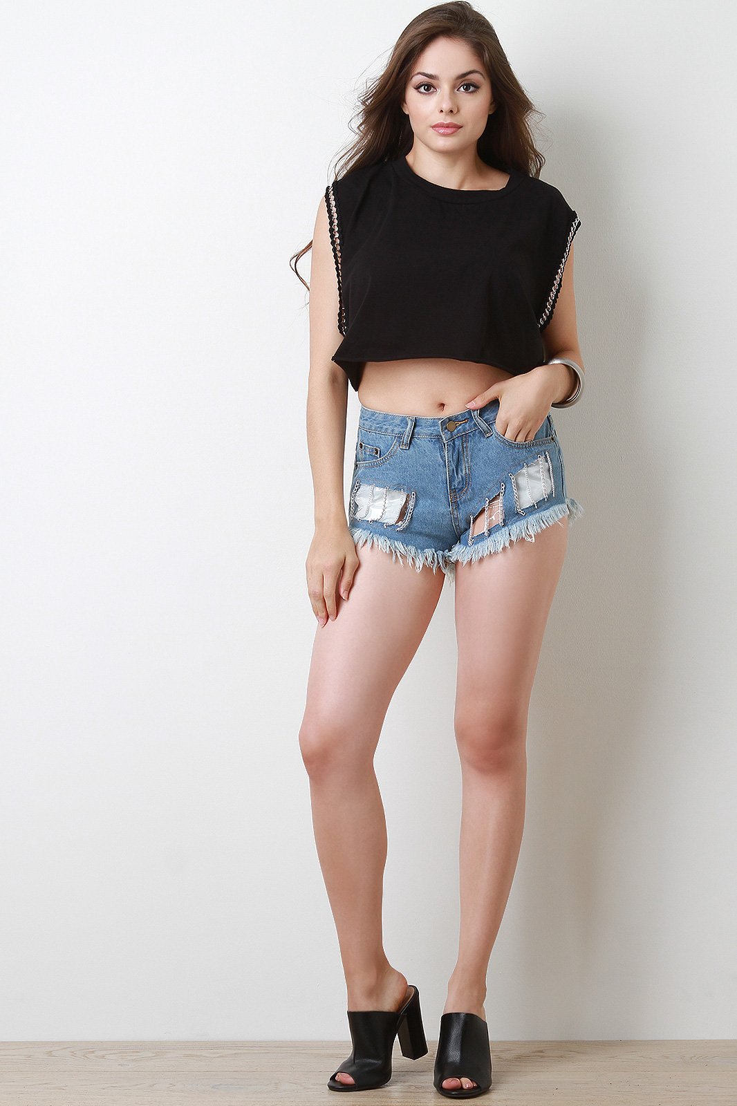 Chain Accent Clear Inset Frayed Distressed Denim Shorts
