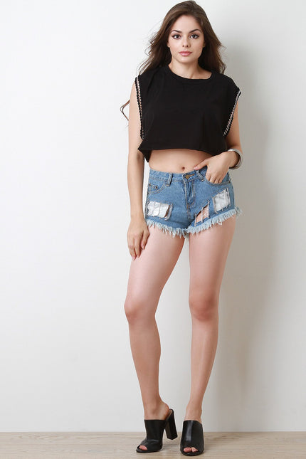 Chain Accent Clear Inset Frayed Distressed Denim Shorts