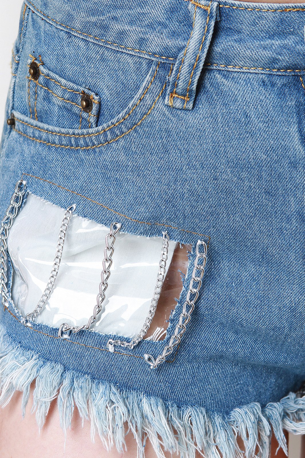 Chain Accent Clear Inset Frayed Distressed Denim Shorts