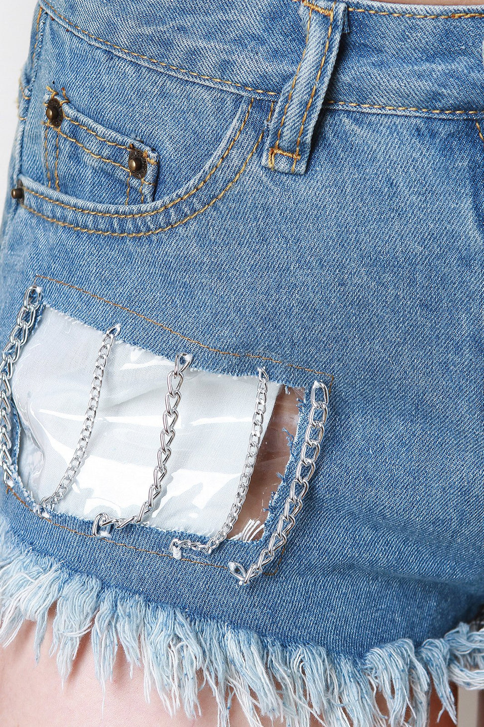 Chain Accent Clear Inset Frayed Distressed Denim Shorts