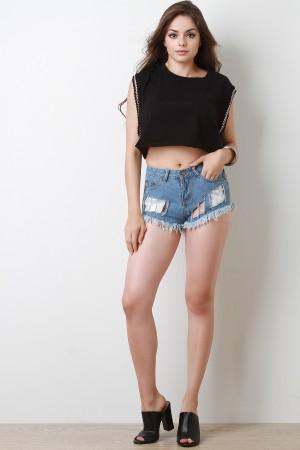 Chain Accent Clear Inset Frayed Distressed Denim Shorts