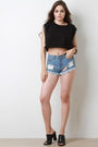 Chain Accent Clear Inset Frayed Distressed Denim Shorts