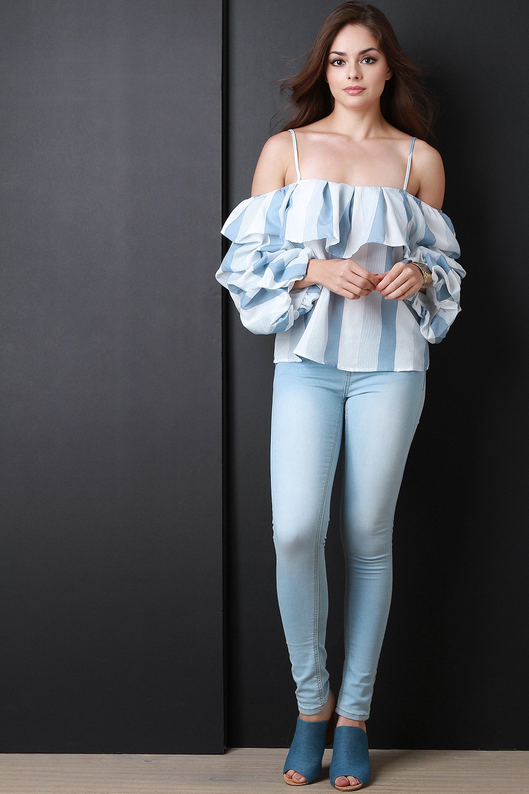 Stripe Off Shoulder Ruched Statement Sleeve Top