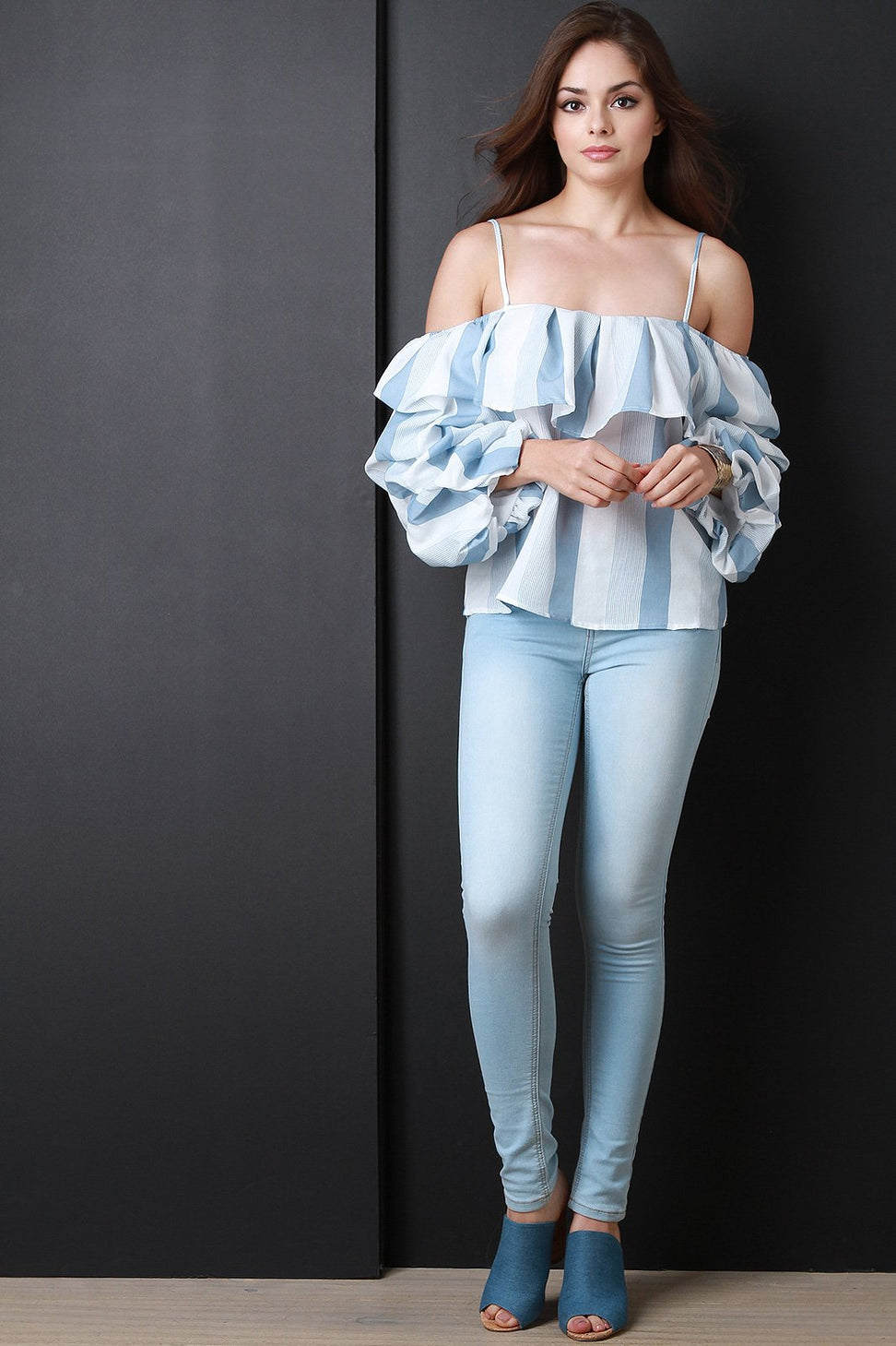 Stripe Off Shoulder Ruched Statement Sleeve Top