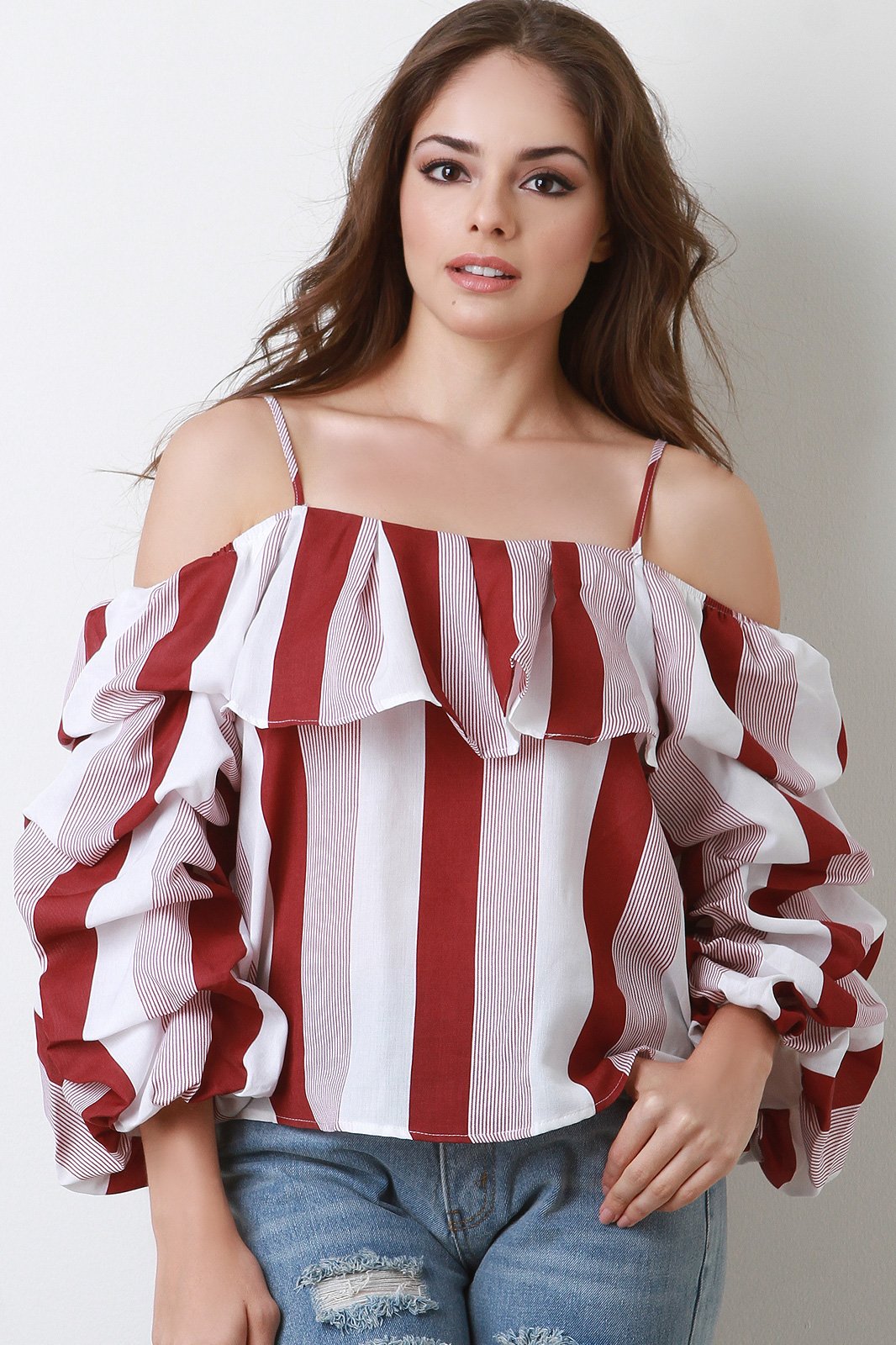 Stripe Off Shoulder Ruched Statement Sleeve Top