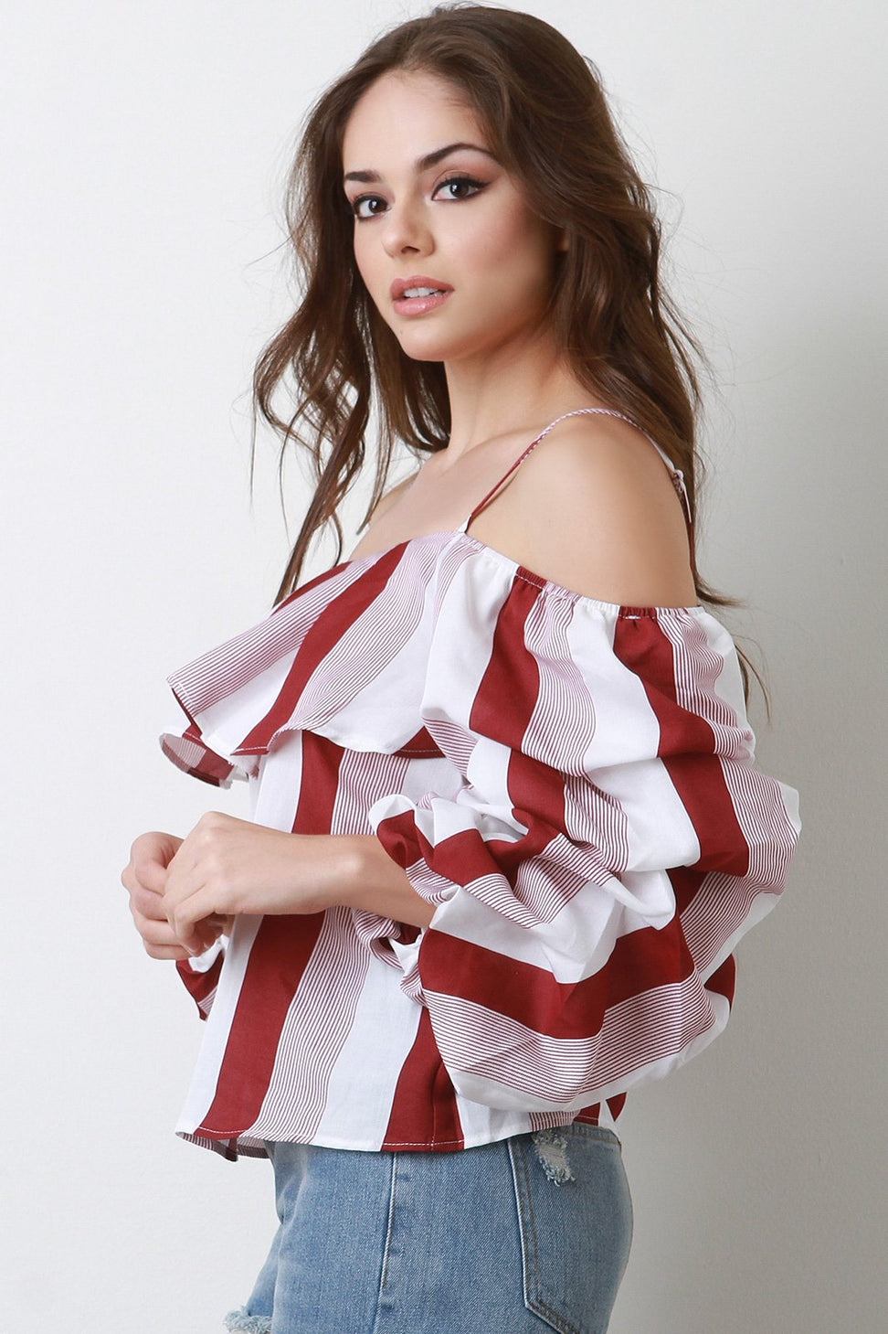 Stripe Off Shoulder Ruched Statement Sleeve Top