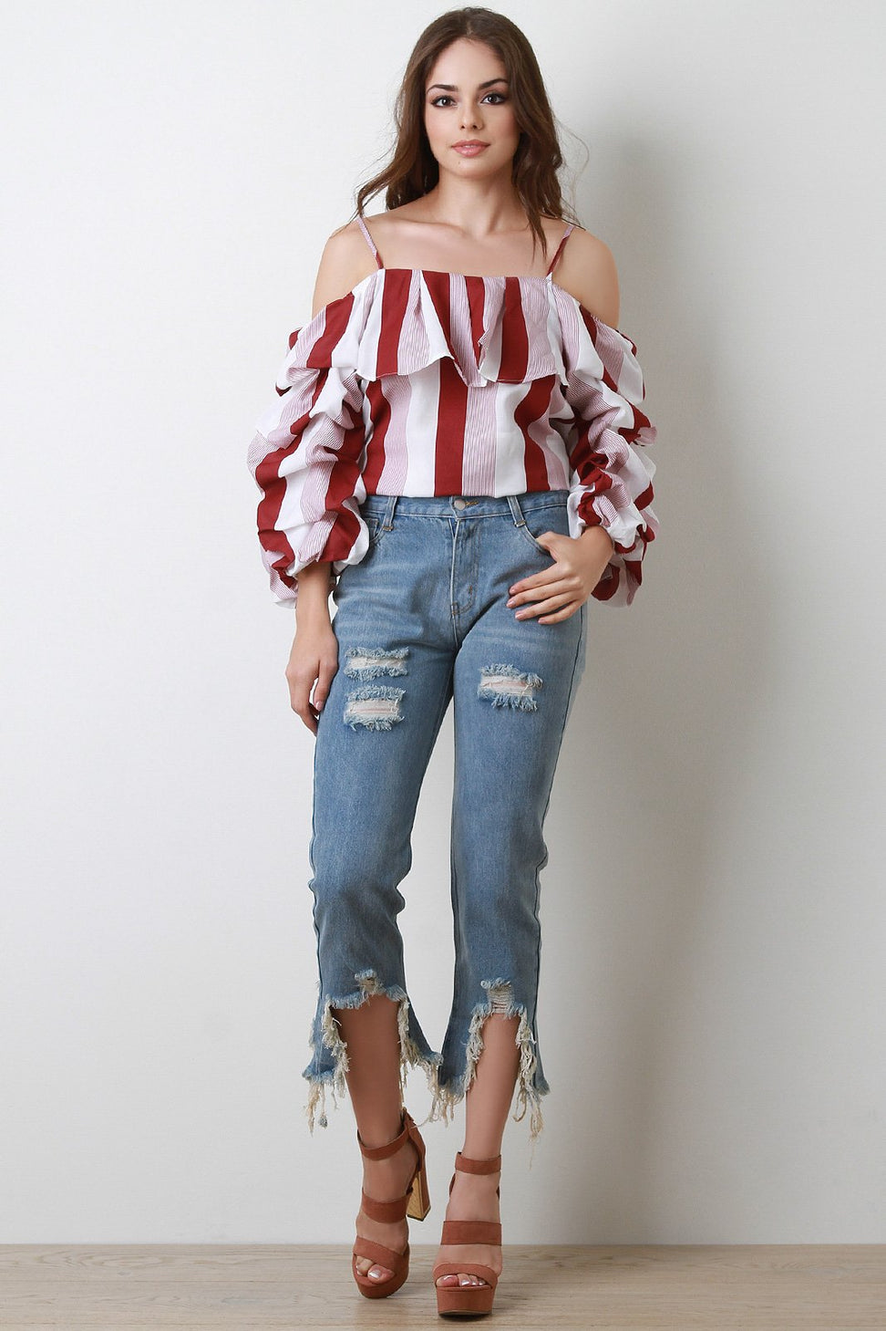 Stripe Off Shoulder Ruched Statement Sleeve Top