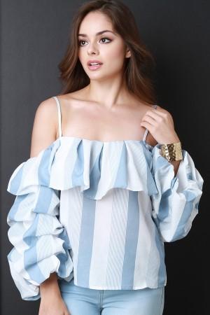 Stripe Off Shoulder Ruched Statement Sleeve Top