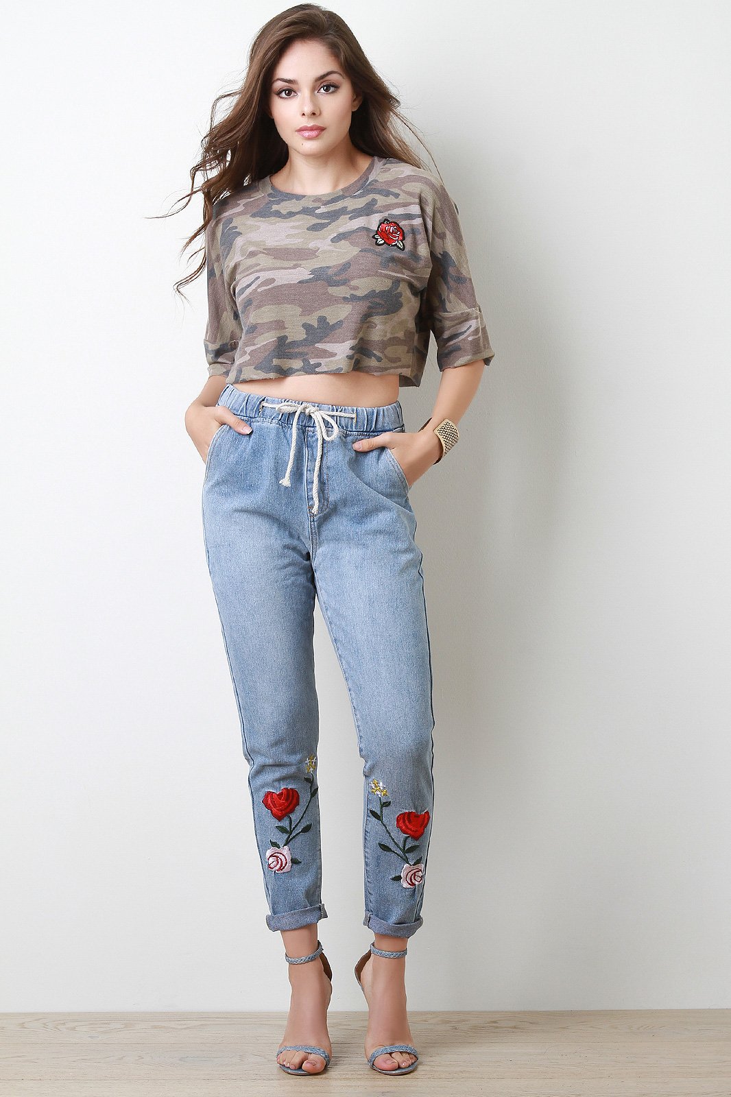 French Terry Camouflage Rose Patch Crop Top - NoveltyOne