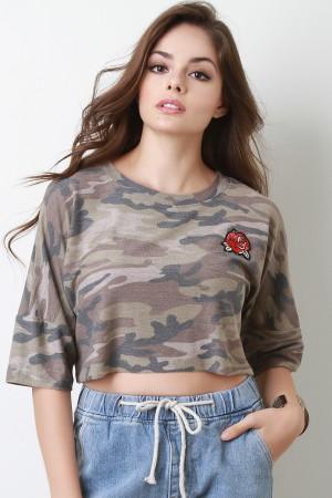 French Terry Camouflage Rose Patch Crop Top - NoveltyOne
