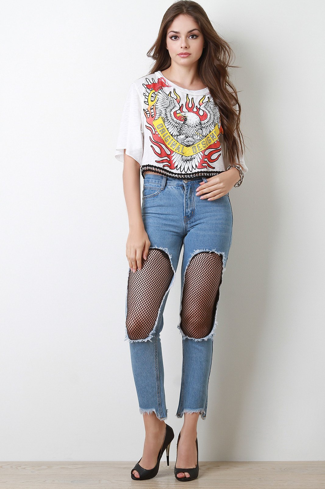 High Rise Fishnet Cutout Panel Denim Jeans