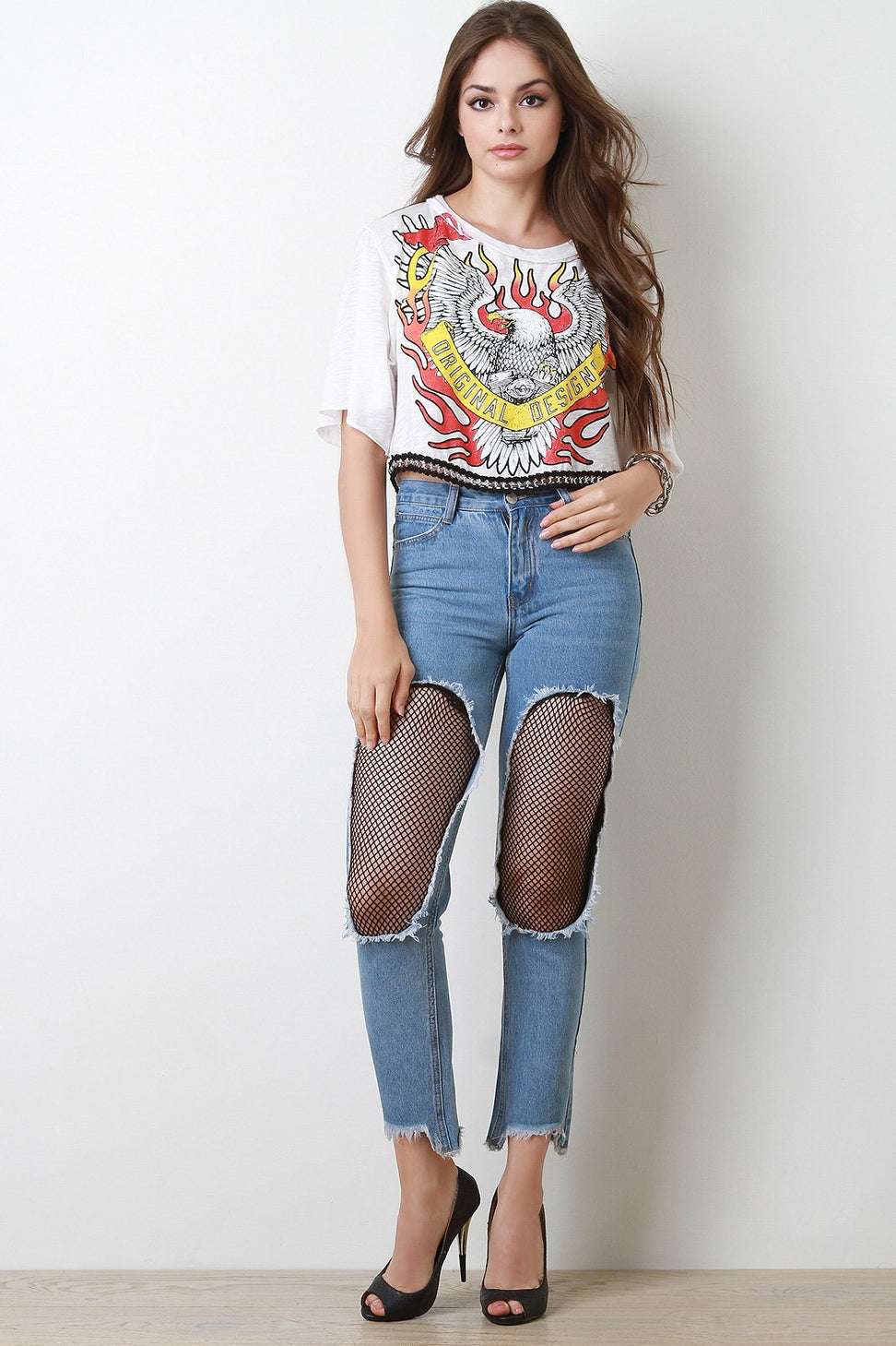 High Rise Fishnet Cutout Panel Denim Jeans
