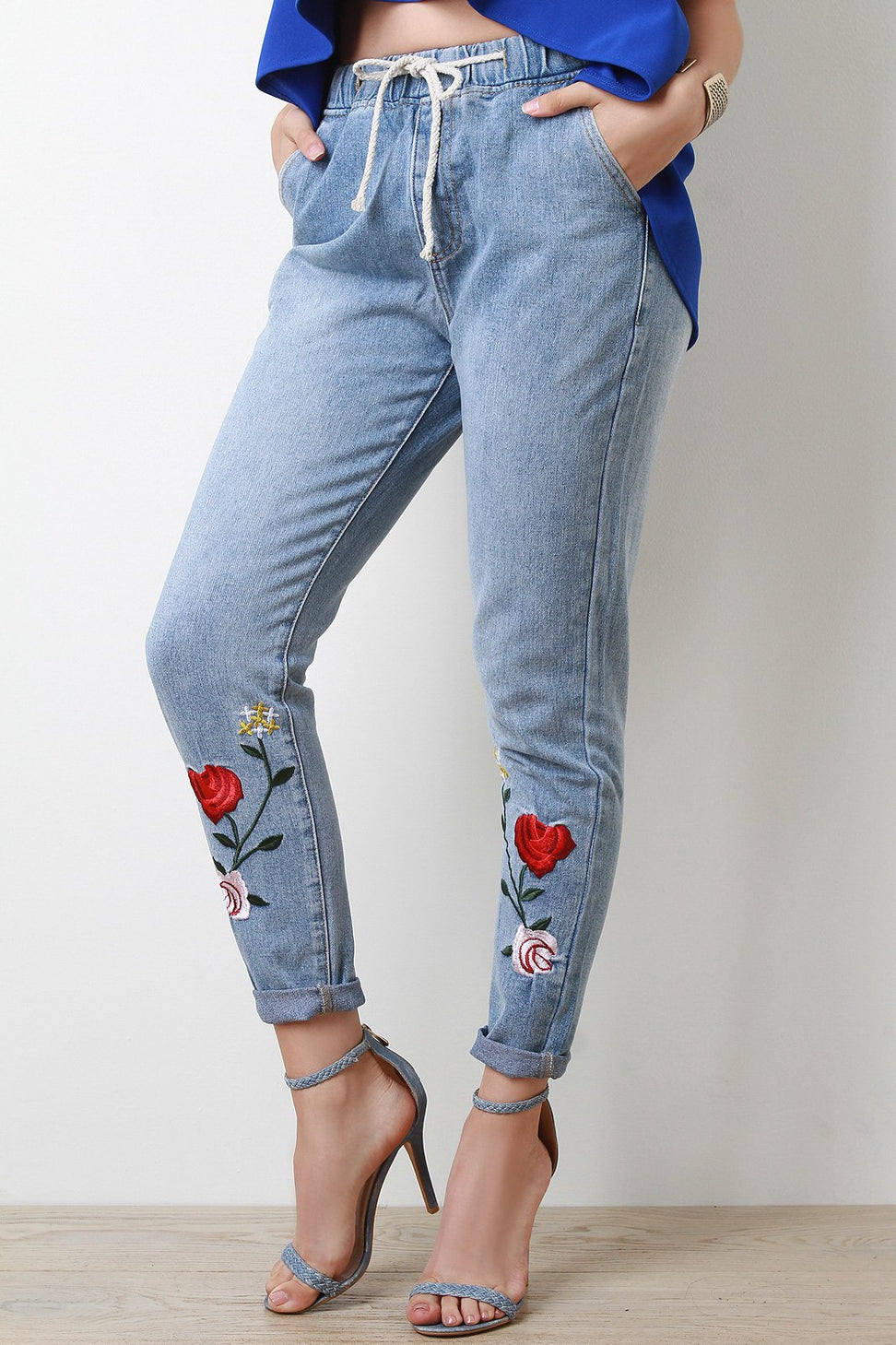 Floral Applique High Waisted Drawstring Denim Jeans - NoveltyOne