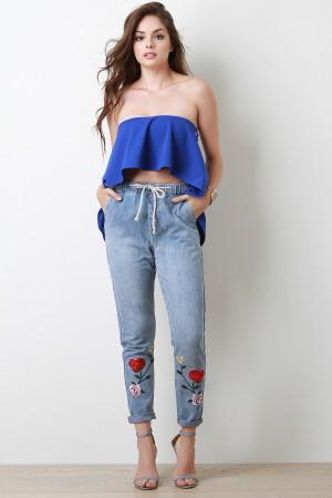Floral Applique High Waisted Drawstring Denim Jeans - NoveltyOne